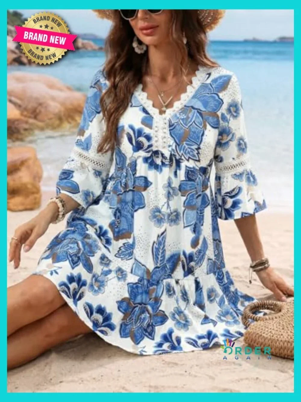 V Neck Lace Trim Mini Summer Dress Cover Up 3/4 Sleeve Ruffled Cuff Casual